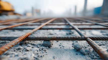Close up of rebar grid on concrete construction site for reinforcement work