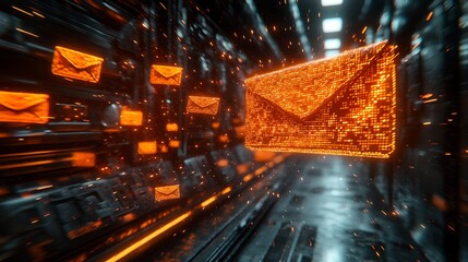 Futuristic digital network with glowing orange envelopes symbolizing data communication