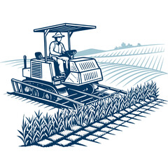 Create a bold vector illustration of a rice transplanter, emphasizing strong lines and impactful design.  Include details like wheels and planting mechanism.