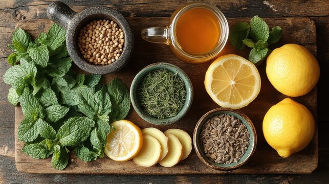 Herbal tea ingredients on rustic wood