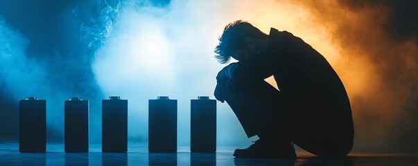 Businessman feeling desperate near batteries representing declining economy
