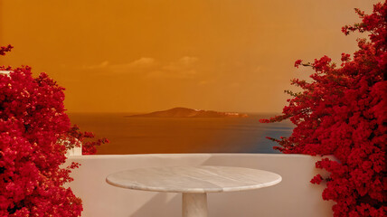 Mediterranean Sunset Scenic View from a White Balcony with Red Bougainvillea