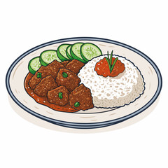 Create a bold, vector illustration of a serving of delicious Indonesian Rendang, emphasizing rich textures and vibrant colors.