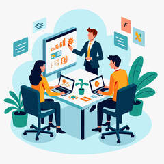 Flat vector illustration of a business team brainstorming in a modern office. People collaborating, analyzing charts and working on laptops. Ideal for teamwork, office culture, and startup concept.