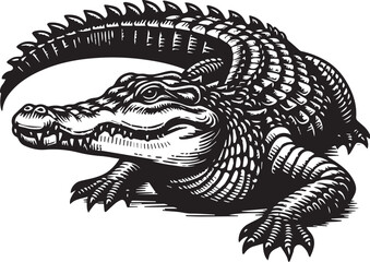 Crocodile Vector Art in Black and White – Detailed Reptile Graphic Design