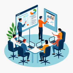 Vector illustration of office team collaboration with people holding laptops, presenting graphs, and discussing ideas. Flat design style, perfect for business and workplace themes.