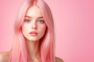 A woman with long pink hair and blue eyes