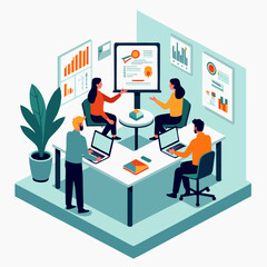 Vector illustration of office team collaboration with people holding laptops, presenting graphs, and discussing ideas. Flat design style, perfect for business and workplace themes.