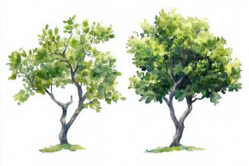 Obraz premium Watercolor illustration of two green leafy trees with trunks and lush foliage on white background