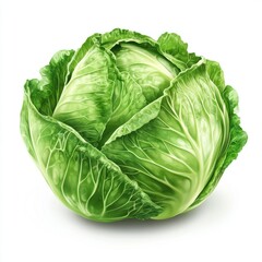 Fototapeta premium A head of cabbage with intricate leaf patterns sits isolated on a pristine white background, showcasing its fresh appearance and color