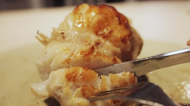 Fried seasoned monkfish on a plate. High quality 4k footage