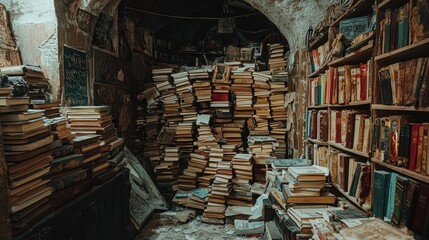 Fototapeta premium Overstuffed antique bookshop interior with overflowing shelves and stacks of books.