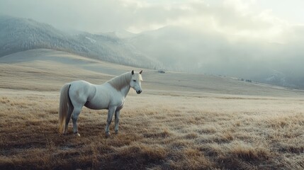 Obraz premium Majestic white horse grazing in serene meadow mountain landscape nature photography calm environment wide angle view