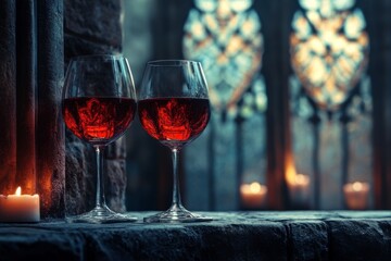 Two glasses of red wine sit on a stone ledge, reflecting the warm glow of candlelight in a gothic setting with stained glass windows