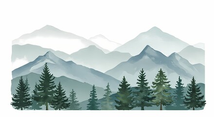 Serene mountain landscape with evergreen trees in soft hues