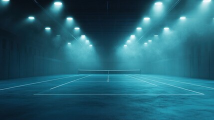 A dramatic tennis court is set under blue lighting and fog. The atmosphere is charged with tension, capturing a competitive edge in sports