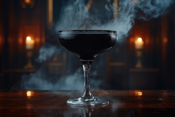 Smoking black cocktail in a coupe glass creates a mysterious atmosphere on a bar counter illuminated by candlelight