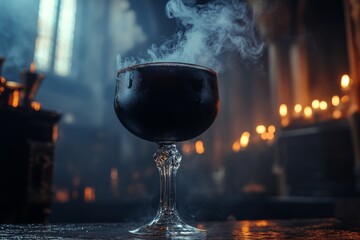 Mysterious smoking black cocktail in an elegant glass, creating a spooky atmosphere in a gothic cathedral