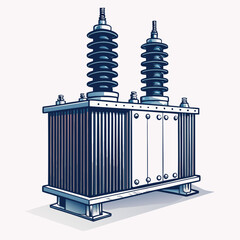 Design a bold vector illustration of a power transformer, featuring thick, striking outlines and a futuristic, slightly stylized aesthetic.