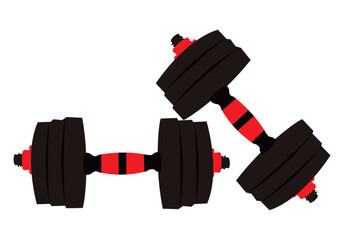 two barbells and dumbbells for fitness. Black barbell with red pattern for fitness and sports equipment. Barbell and dumbbell logo design. Simple vector illustration.