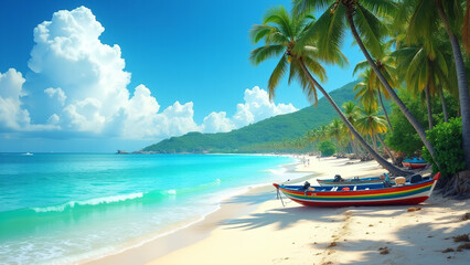 Idyllic Tropical Beach with Colorful Boats