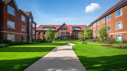 Fototapeta premium Bright and inviting campus features well-designed modern buildings surrounded by lush green lawns and neatly manicured gardens under a clear blue sky. Paths invite leisurely strolls