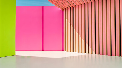 Abstract Interior Design Vibrant Pink, Green, and Wooden Slats