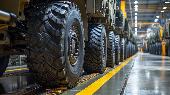 Rows of military vehicles with large tires are positioned in a vast assembly area, showcasing an organized manufacturing process during daylight hours