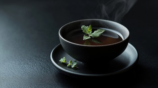 A cup of hot herbal tea with fresh mint leaves. Featuring calm and refreshment