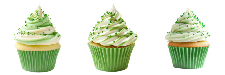 Three green and white frosted cupcakes with green sprinkles.