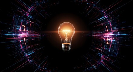 Light bulb glowing in a digital burst on a black background  