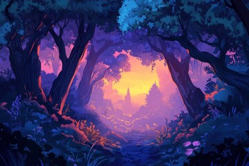 Fototapeta premium A colorful forest landscape scene depicts a magical and mystic atmosphere