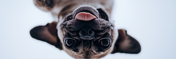 French Bulldog lying on back with tongue out and playful expression