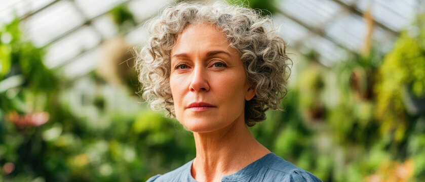 Portrait of mature woman with curly gray hair in a lush green greenhouse