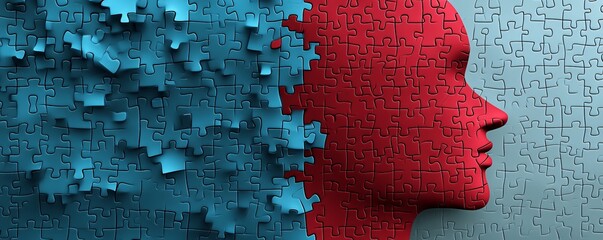 Human head profile completing with red puzzle pieces on blue background