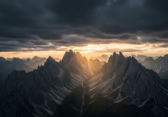 Dramatic Mountain Peaks Under Stormy Sky, Sunset Light, Scenic Landscape