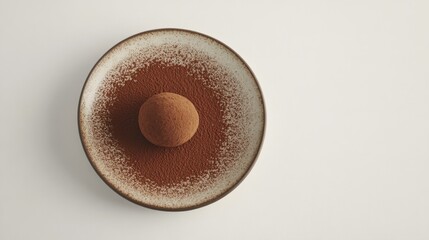 A decadent chocolate truffle surrounded by cocoa powder. Featuring indulgence and sweetness