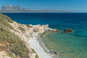 View to Mediterranean coast of Datca peninsula. Mugla region, Turkey. Mountains in the distance