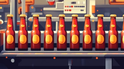 Fototapeta premium Bottled drinks on factory conveyor belt with machinery in background