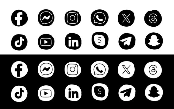 Doodle Social Media Logo set icon. Hand drawn Instagram, Facebook, Snapchat, X, Tik Tok, LinkedIn, YouTube, Telegram,