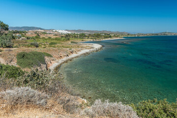View to Mediterranean coast of Datca peninsula. Mugla region, Turkey. Mountains in the distance