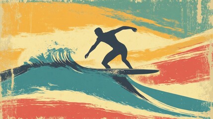 Retro Surfer Riding Wave on Abstract Ocean Background