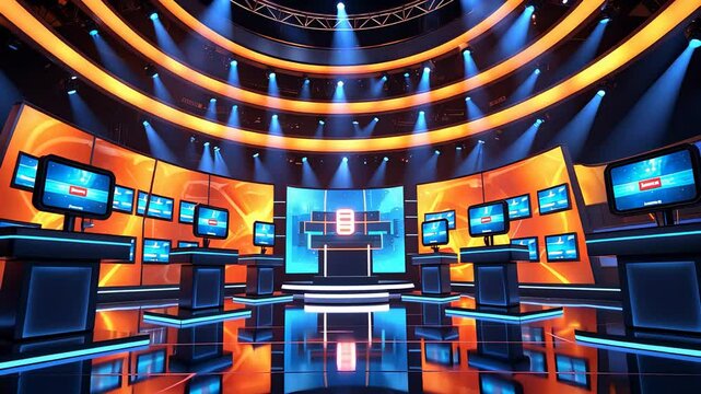 Modern game show stage with illuminated podiums, multiple digital screens, colorful lights, and dramatic studio lighting in a circular setup

