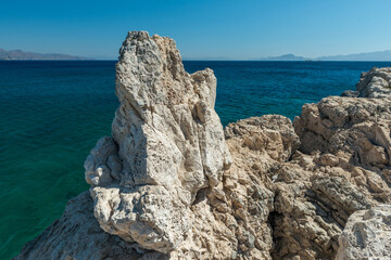 View to Mediterranean coast of Datca peninsula. Mugla region, Turkey. Mountains in the distance
