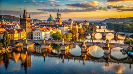 Obraz premium Drone View: Charles Bridge Arching Over River, Historic Building Background