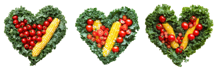 Three kale hearts filled with fresh corn, cherry tomatoes and sliced tomatoes.