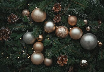 Fototapeta premium Elegant Christmas Ornaments and Pine Cones on Evergreen Branches