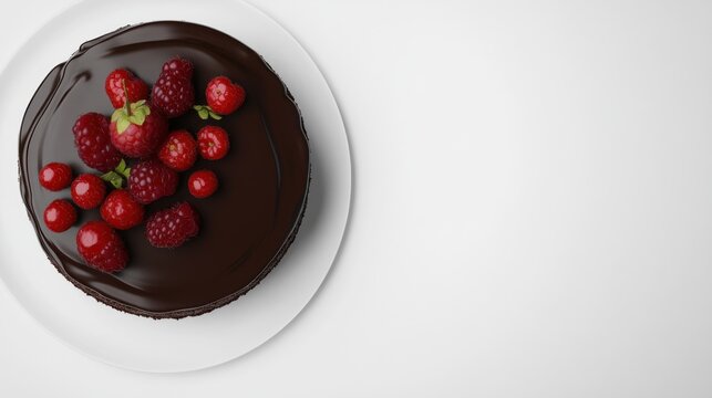 A delicious chocolate cake with a rich ganache topping and berries. Featuring indulgence and sweetness