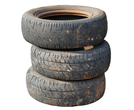 Three worn tires are neatly stacked on top of each other, showcasing their utilized tread patterns and slight wear