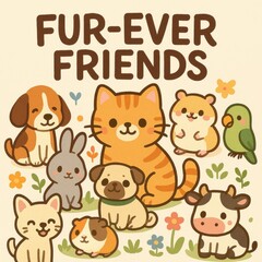 Fototapeta premium Cute cartoon animals group with cat, dogs, rabbit, and friends in spring scenery